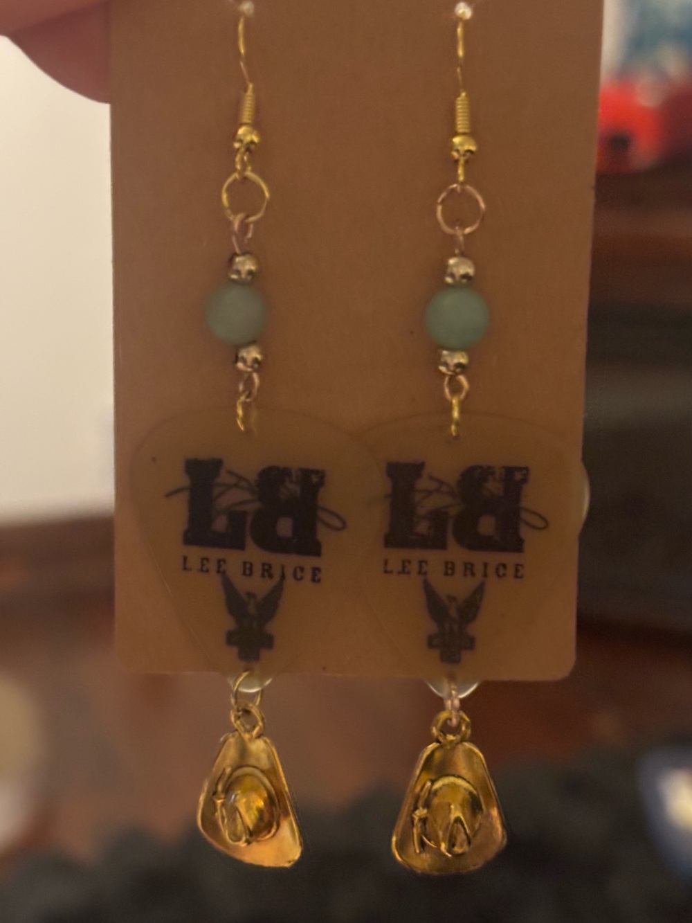 Hand Crafted Lee Brice Gold & Sage Bead pick Dangle Earrings.